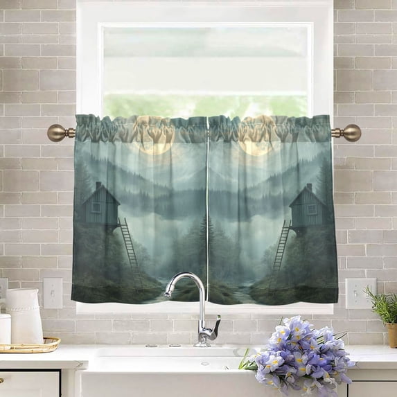 Yayeee Kitchen Curtains Tier Pair Light Filtering 27"x24" Rod Pocket Short Cafe Window Panel, Forest House