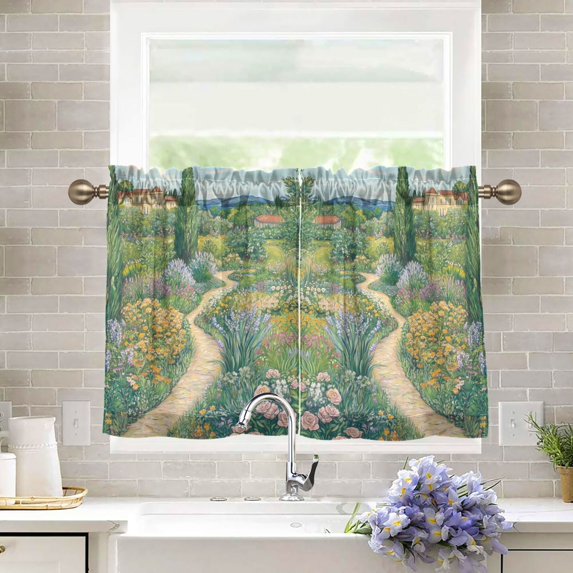 Yayeee Kitchen Curtains Tier Pair Light Filtering 27"x24" Rod Pocket Short Cafe Window Panel, Garden Scene