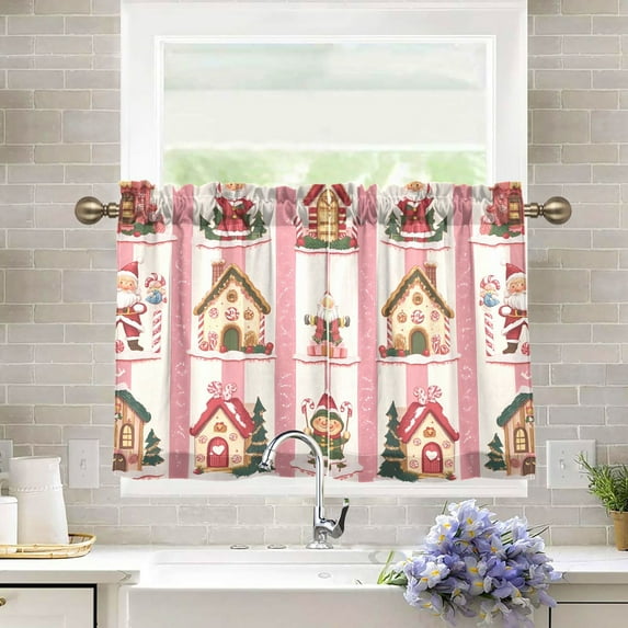 Yayeee Kitchen Curtains Tier Pair Light Filtering 27"x24" Rod Pocket Short Cafe Window Panel, Green Christmas Houses