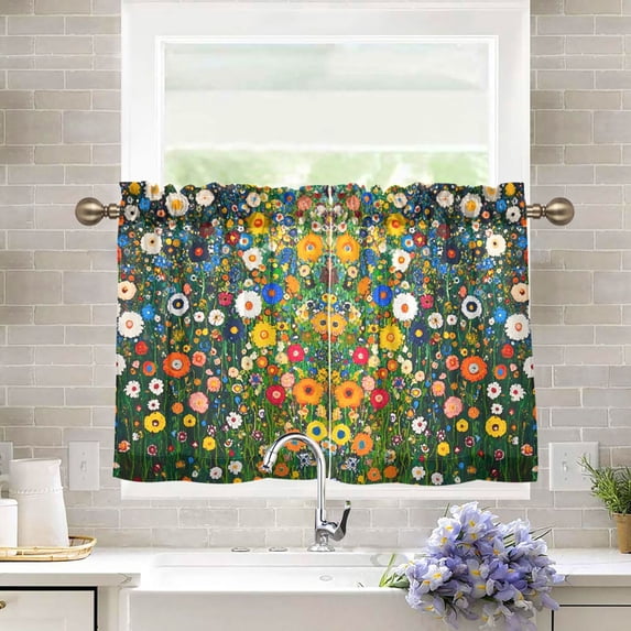 Yayeee Kitchen Curtains Tier Pair Light Filtering 27"x24" Rod Pocket Short Cafe Window Panel, Green Floral Garden
