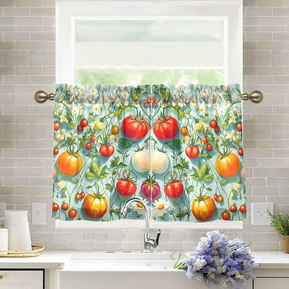 Yayeee Kitchen Curtains Tier Pair Light Filtering 27"x24" Rod Pocket Short Cafe Window Panel, Green Floral Tomatoes