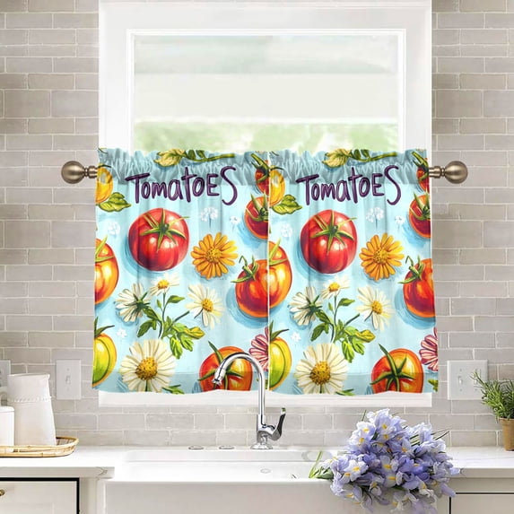 Yayeee Kitchen Curtains Tier Pair Light Filtering 27"x24" Rod Pocket Short Cafe Window Panel, Green Tomatoes