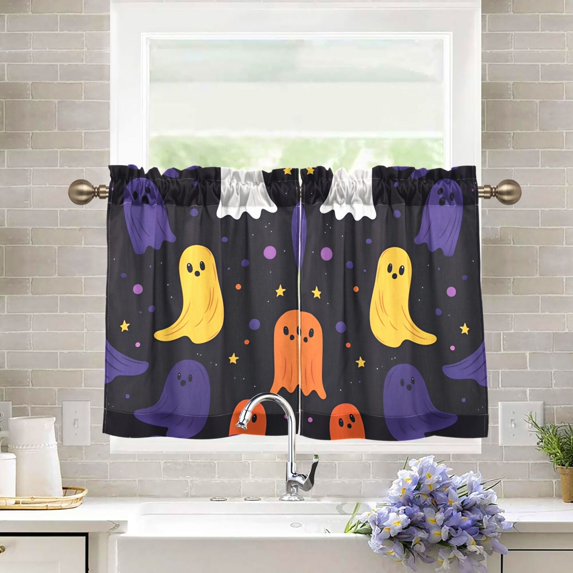 Yayeee Kitchen Curtains Tier Pair Light Filtering 27"x24" Rod Pocket Short Cafe Window Panel, Halloween Colorful Ghosts