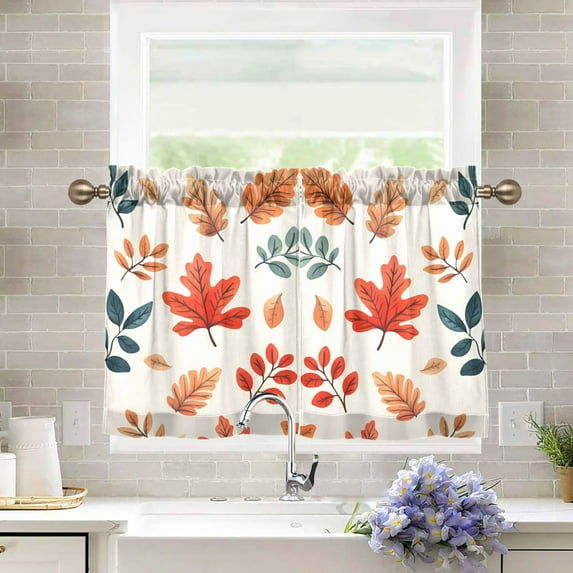 Yayeee Kitchen Curtains Tier Pair Light Filtering 27"x24" Rod Pocket Short Cafe Window Panel, Hand Drawn Autumn Leaves