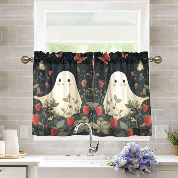 Yayeee Kitchen Curtains Tier Pair Light Filtering 27"x24" Rod Pocket Short Cafe Window Panel, Happy Ghost