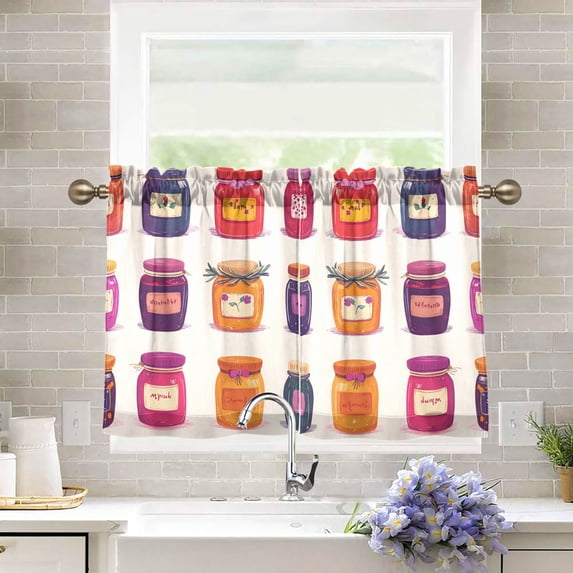 Yayeee Kitchen Curtains Tier Pair Light Filtering 27"x24" Rod Pocket Short Cafe Window Panel, Jam Jars