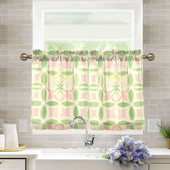 Yayeee Kitchen Curtains Tier Pair Light Filtering 27"x24" Rod Pocket Short Cafe Window Panel, Light Green Geometric