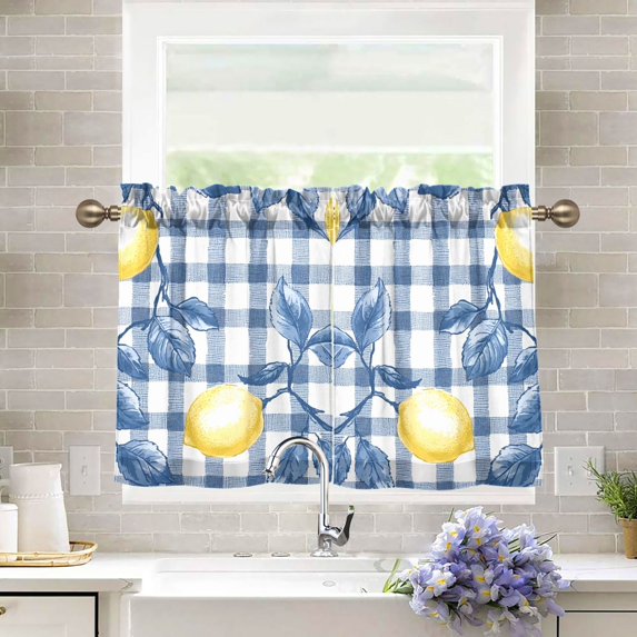 Yayeee Kitchen Curtains Tier Pair Light Filtering 27"x24" Rod Pocket Short Cafe Window Panel, Light Lemon