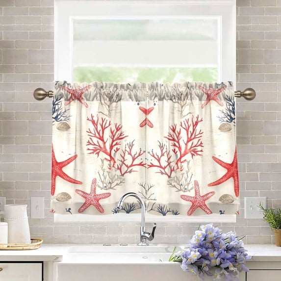 Yayeee Kitchen Curtains Tier Pair Light Filtering 27"x24" Rod Pocket Short Cafe Window Panel, Light Red Starfish