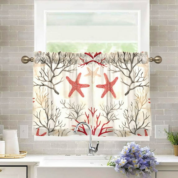 Yayeee Kitchen Curtains Tier Pair Light Filtering 27"x24" Rod Pocket Short Cafe Window Panel, Light Starfish