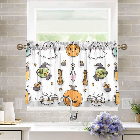 Yayeee Kitchen Curtains Tier Pair Light Filtering 27"x24" Rod Pocket Short Cafe Window Panel, Magical Halloween