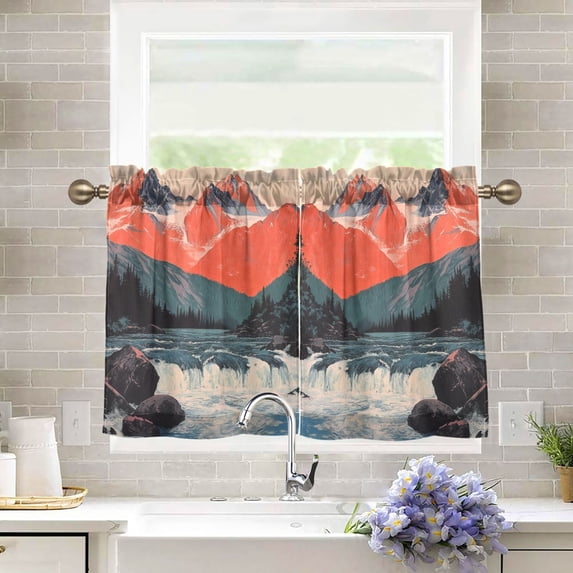 Yayeee Kitchen Curtains Tier Pair Light Filtering 27"x24" Rod Pocket Short Cafe Window Panel, Mountains at Dawn