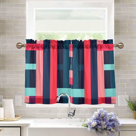 Yayeee Kitchen Curtains Tier Pair Light Filtering 27"x24" Rod Pocket Short Cafe Window Panel, Navy Blue Stripes