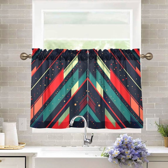 Yayeee Kitchen Curtains Tier Pair Light Filtering 27"x24" Rod Pocket Short Cafe Window Panel, Orange Abstract Lines