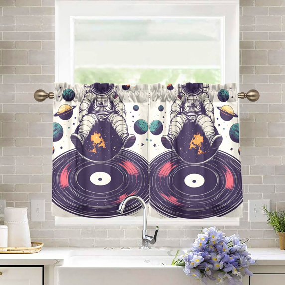 Yayeee Kitchen Curtains Light Filtering 27"x24" Rod Pocket Short Cafe Window Panel, Orange Astronaut Planet