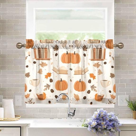 Yayeee Kitchen Curtains Tier Pair Light Filtering 27"x24" Rod Pocket Short Cafe Window Panel, Orange Fall Pumpkin