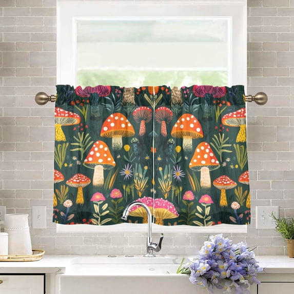 Yayeee Kitchen Curtains Light Filtering 27"x24" Rod Pocket Short Cafe Window Panel, Orange Mushroom