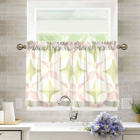 Yayeee Kitchen Curtains Light Filtering 27"x24" Rod Pocket Short Cafe Window Panel, Pastel Pink Geometric