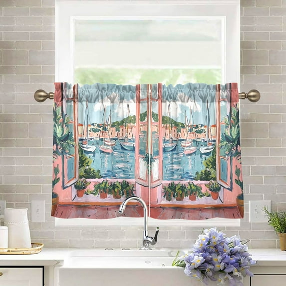 Yayeee Kitchen Curtains Tier Pair Light Filtering 27"x24" Rod Pocket Short Cafe Window Panel, Pink Boat