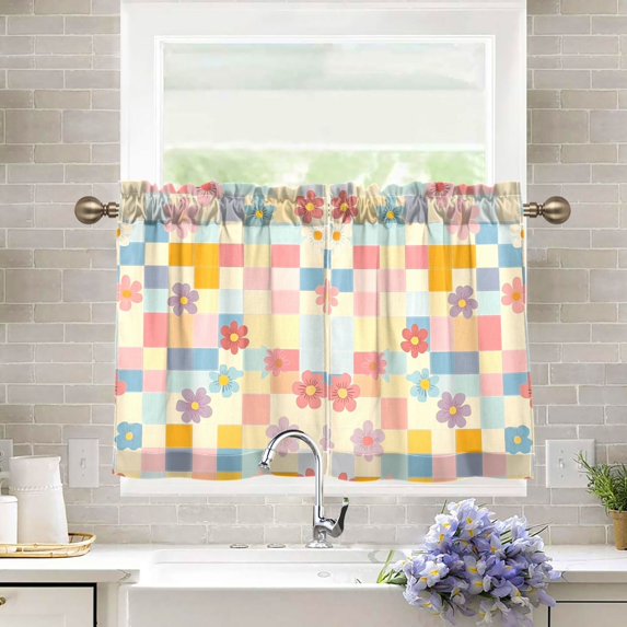 Yayeee Kitchen Curtains Tier Pair Light Filtering 27"x24" Rod Pocket Short Cafe Window Panel, Pink Floral