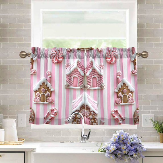 Yayeee Kitchen Curtains Tier Pair Light Filtering 27"x24" Rod Pocket Short Cafe Window Panel, Pink Gingerbread Houses