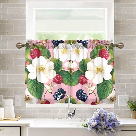 Yayeee Kitchen Curtains Tier Pair Light Filtering 27"x24" Rod Pocket Short Cafe Window Panel, Pink Raspberries
