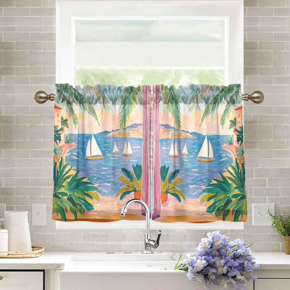 Yayeee Kitchen Curtains Tier Pair Light Filtering 27"x24" Rod Pocket Short Cafe Window Panel, Pink Seaside Boat