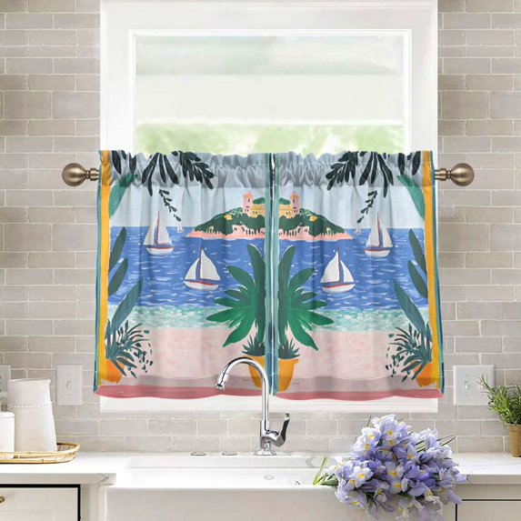 Yayeee Kitchen Curtains Tier Pair Light Filtering 27"x24" Rod Pocket Short Cafe Window Panel, Pink Seaside