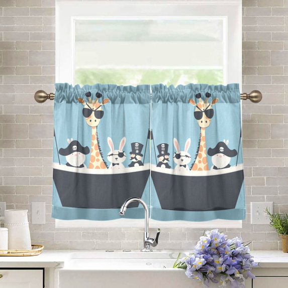Yayeee Kitchen Curtains Tier Pair Light Filtering 27"x24" Rod Pocket Short Cafe Window Panel, Pirate Animals