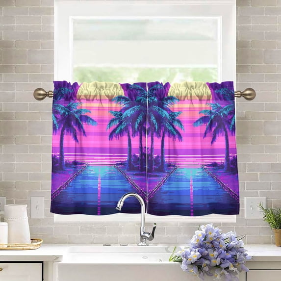 Yayeee Kitchen Curtains Tier Pair Light Filtering 27"x24" Rod Pocket Short Cafe Window Panel, Purple Digital Art