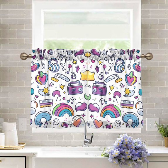 Yayeee Kitchen Curtains Tier Pair Light Filtering 27"x24" Rod Pocket Short Cafe Window Panel, Purple Doodle Pattern
