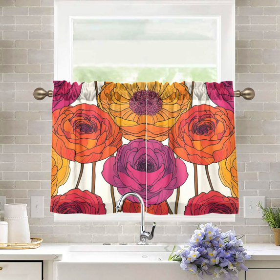 Yayeee Kitchen Curtains Tier Pair Light Filtering 27"x24" Rod Pocket Short Cafe Window Panel, Purple Hand Drawn Floral