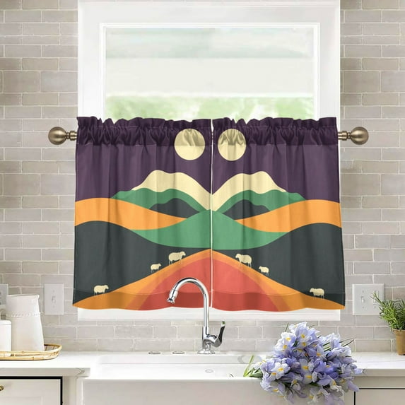 Yayeee Kitchen Curtains Tier Pair Light Filtering 27"x24" Rod Pocket Short Cafe Window Panel, Purple Mountain