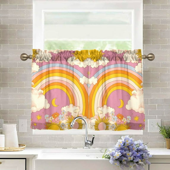Yayeee Kitchen Curtains Light Filtering 27"x24" Rod Pocket Short Cafe Window Panel, Purple Retro Rainbow