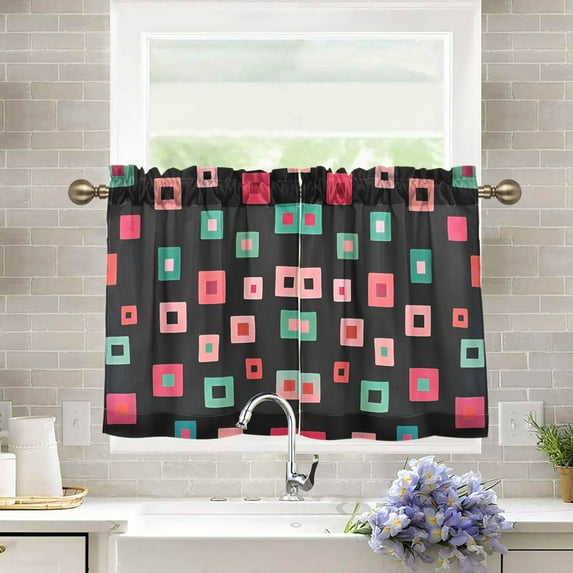 Yayeee Kitchen Curtains Tier Pair Light Filtering 27"x24" Rod Pocket Short Cafe Window Panel, Red Block Pattern
