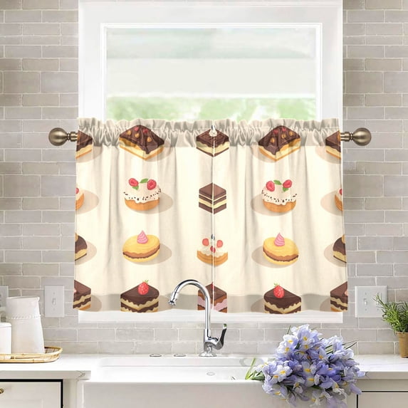 Yayeee Kitchen Curtains Tier Pair Light Filtering 27"x24" Rod Pocket Short Cafe Window Panel, Red Cakes