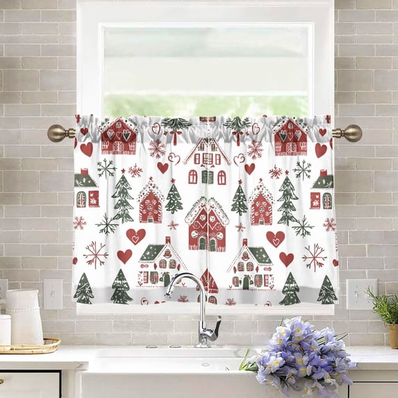 Yayeee Kitchen Curtains Tier Pair Light Filtering 27"x24" Rod Pocket Short Cafe Window Panel, Red Nordic Christmas