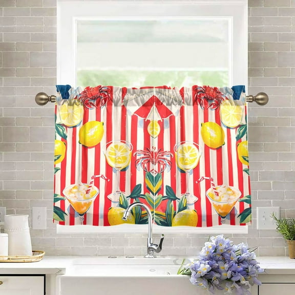 Yayeee Kitchen Curtains Tier Pair Light Filtering 27"x24" Rod Pocket Short Cafe Window Panel, Red Striped Lemon
