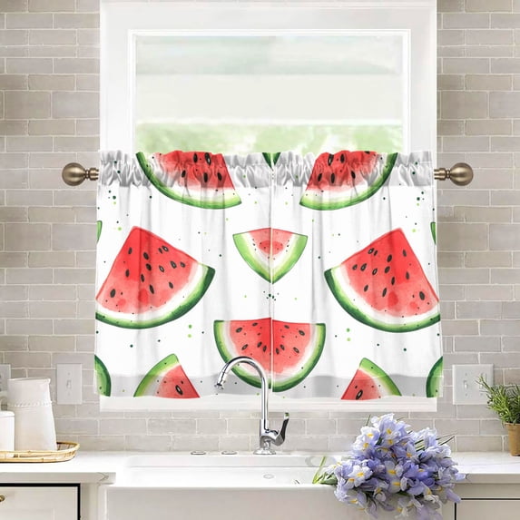 Yayeee Kitchen Curtains Tier Pair Light Filtering 27"x24" Rod Pocket Short Cafe Window Panel, Red Watermelon