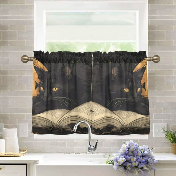Yayeee Kitchen Curtains Light Filtering 27"x24" Rod Pocket Short Cafe Window Panel, Retro Halloween Cat