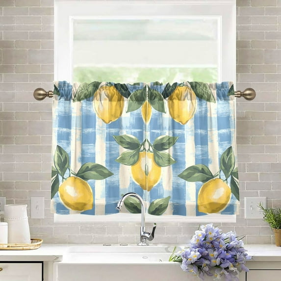 Yayeee Kitchen Curtains Tier Pair Light Filtering 27"x24" Rod Pocket Short Cafe Window Panel, Retro Lemon Leaves
