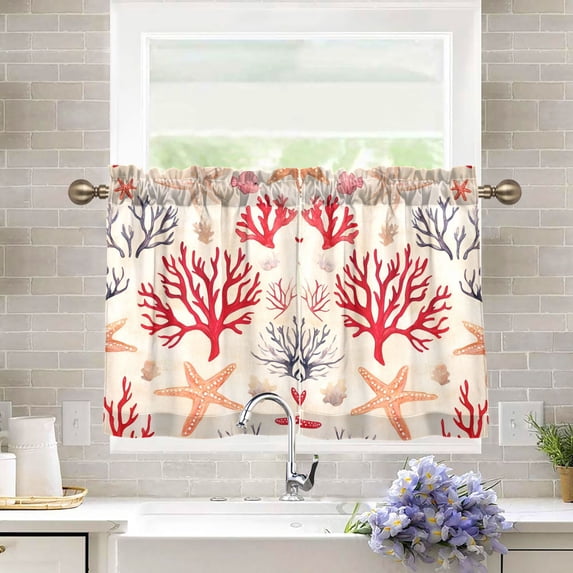 Yayeee Kitchen Curtains Tier Pair Light Filtering 27"x24" Rod Pocket Short Cafe Window Panel, Retro Starfish