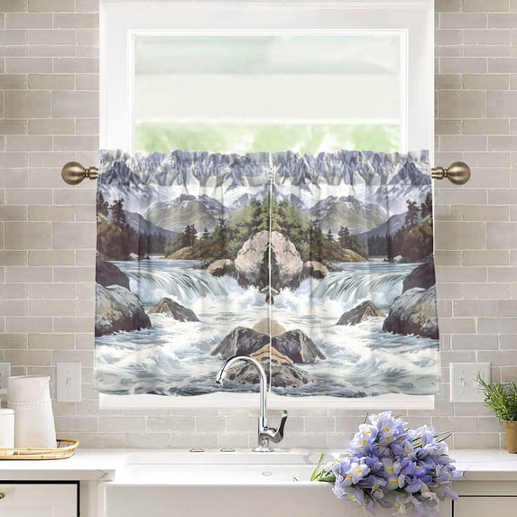 Yayeee Kitchen Curtains Tier Pair Light Filtering 27"x24" Rod Pocket Short Cafe Window Panel, River and Mountains