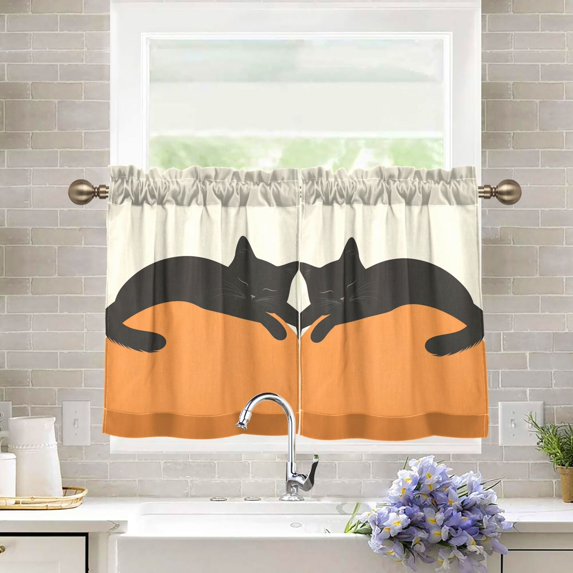 Yayeee Kitchen Curtains Tier Pair Light Filtering 27"x24" Rod Pocket Short Cafe Window Panel, Sleeping Black Cat