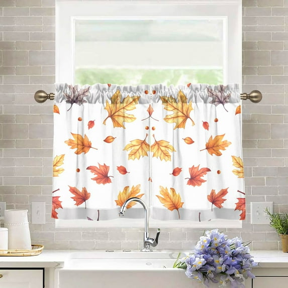 Yayeee Kitchen Curtains Tier Pair Light Filtering 27"x24" Rod Pocket Short Cafe Window Panel, Watercolor Autumn Leaves