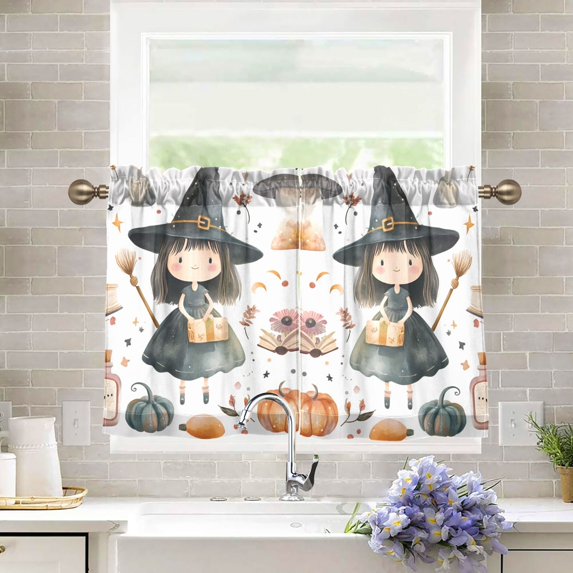 Yayeee Kitchen Curtains Tier Pair Light Filtering 27"x24" Rod Pocket Short Cafe Window Panel, Watercolor Halloween Girl