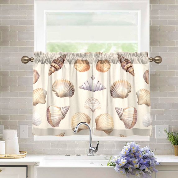 Yayeee Kitchen Curtains Tier Pair Light Filtering 27"x24" Rod Pocket Short Cafe Window Panel, Watercolor Seashells