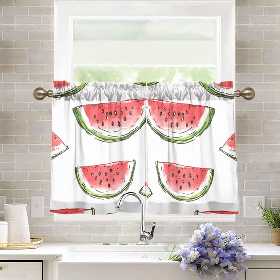 Yayeee Kitchen Curtains Tier Pair Light Filtering 27"x24" Rod Pocket Short Cafe Window Panel, Watermelon Pattern