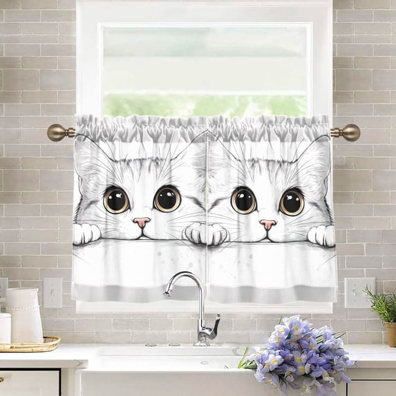 Yayeee Kitchen Curtains Tier Pair Light Filtering 27"x24" Rod Pocket Short Cafe Window Panel, White Cat
