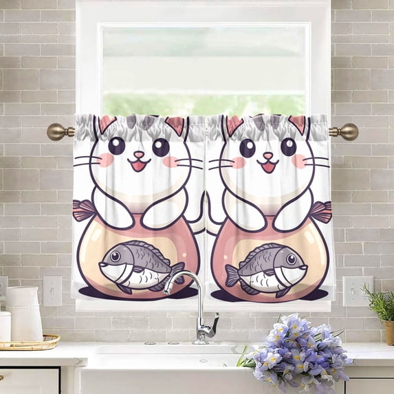 Yayeee Kitchen Curtains Tier Pair Light Filtering 27"x24" Rod Pocket Short Cafe Window Panel, White Cute Cat